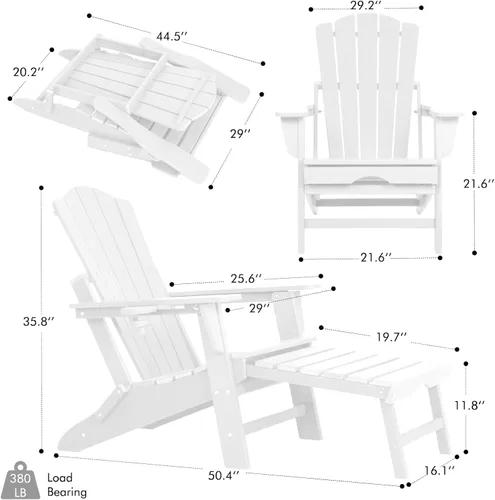 Miniatura 3 de LETKIND Folding Adirondack Chair with Retractable Ottoman,All Weather Fire Pit Chairs with Cup Holder,Outdoor Chair with Ottoman,White