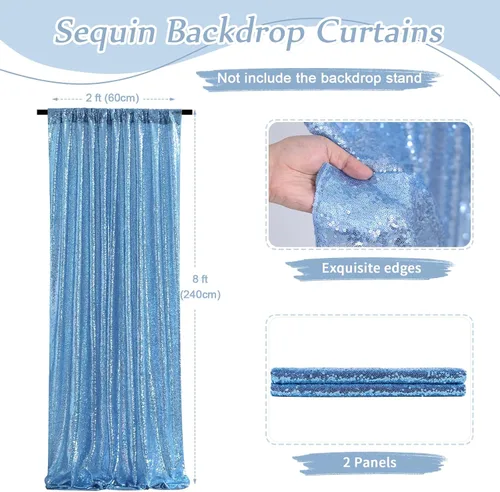 Miniatura 4 de Cortinas de fondo de lentejuelas con purpurina azul bebé, 2 piezas de 2 x 8 pies, telón de fondo de fiesta de baby shower para niños, hermosas