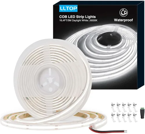 LLTOP Tira de luces LED COB Impermeable IP67 DC24v Luz blanca del día 6000K 5m/16.4 pies Alto CRI 92Ra+ Tira de luces LED para exteriores Cortada