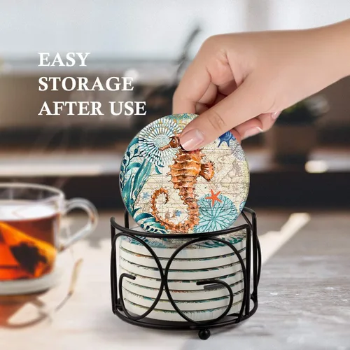 Miniatura 4 de Teivio Posavasos de piedra absorbente con temática de vida marina para bebidas, base de corcho con soporte, decoración costera con tema de playa