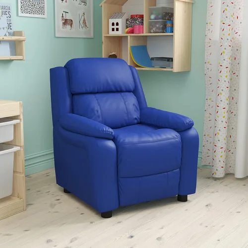 EMMA + OLIVER Sillón reclinable infantil de vinilo azul acolchado de lujo con brazos de almacenamiento