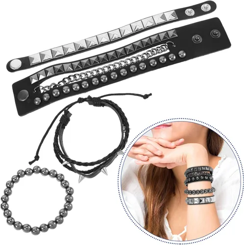 Miniatura 3 de NOLITOY 4pcs Punk Multilayered Bracelet with Studded Rivets Adjustable Vintage Style Faux Leather Wristband for Street Fashion Daily Wear and Goth