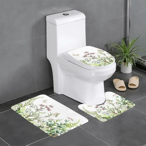 Miniatura 10 de Juego de 3 alfombras de baño con diseño de tulipanes rosados con fondo de madera, antideslizantes, con patrón de resorte, extra suaves y absorbentes