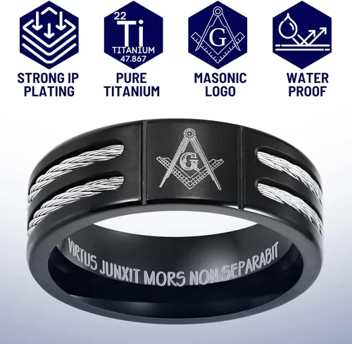 Miniatura 4 de MasonicMan Anillo masónico de titanio negro para hombre, grabado latino