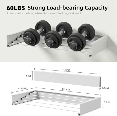 Miniatura 5 de Escurridor plegable para ropa sucia, montado en la pared, 31.5 pulgadas de ancho, 13.2 pies lineales, 5 varillas de aluminio, capacidad de 60