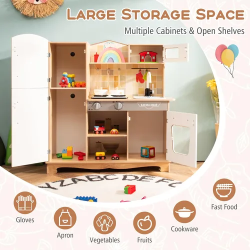 Miniatura 5 de Costzon Juego de cocina para niños, cocina de juguete de madera con luz y sonido, microondas, máquina de hielo, horno, fregadero y grifo, accesorios
