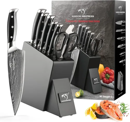 NANFANG BROTHERS Juego de cuchillos para cocina con bloque, juego de cuchillos de cocina de Damasco con bloque, mango ergonómico ABS para juego de