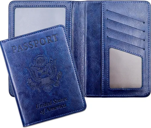Miniatura 9 de Soporte para pasaporte para artículos esenciales de viaje, con bloqueo RFID, funda para tarjetas, funda de piel sintética para pasaporte