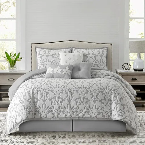 Miniatura 10 de Grand Avenue Juego de edredón azul de 7 piezas, juego de cama jacquard tamaño Queen, ropa de cama de hojas florales para todas las estaciones