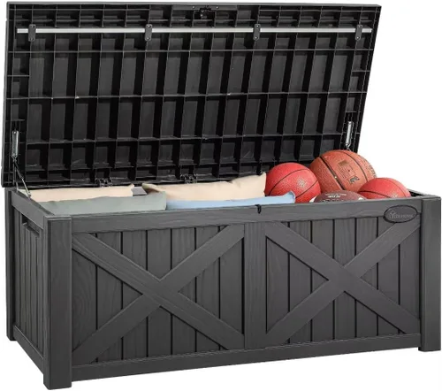 Miniatura 19 de YITAHOME Caja grande de cubierta de 120 galones con parte delantera en forma de X, cajas de almacenamiento de resina para exteriores, banco de Negro