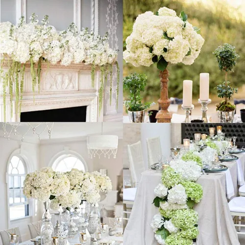 Miniatura 6 de Paquete de 2 flores de hortensias artificiales blancas, 10 cabezas de seda falsas para el hogar, boda, fiesta, centro de mesa, decoración de mesa