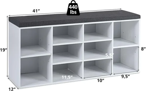 Miniatura 3 de Giantex Banco de almacenamiento de zapatos con cojín, banco de zapatos de entrada, estantes ajustables, banco organizador de zapatos de 10 cubos