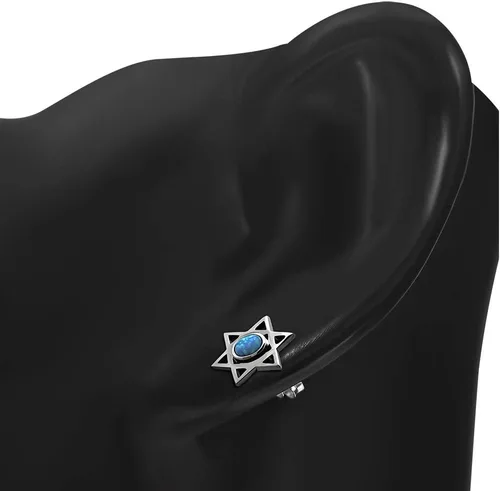 Miniatura 2 de Aretes de plata de ley 925 con ópalo de imitación azul con estrella judía de David, Plata, Simulated-ópalo