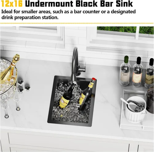 Miniatura 2 de Fregadero de cocina y bar negro de 12 x 16 pulgadas, pequeño tazón de acero inoxidable para montaje inferior, fregadero de cocina y bar, elección