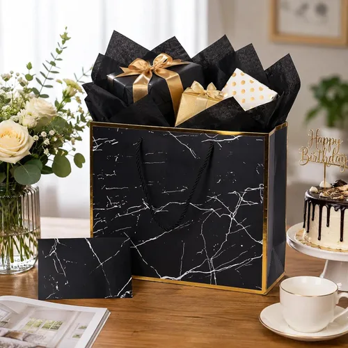 Miniatura 3 de ysmile Marble Black 12" Bolsa de regalo premium de mármol negro con papel de seda para cumpleaños, aniversario, día del Padre Large ancho