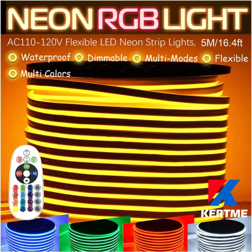 Miniatura 9 de Tira de luz LED RGB de neón, AC110-120 V/flexible, impermeable, regulable, multicolor, multimodos, cuerda de luz + control remoto de 24 teclas