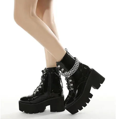 Miniatura 2 de Starella Botines góticos de plataforma para mujer, tacón de bloque, con cordones, botines de motocicleta de combate con cadena