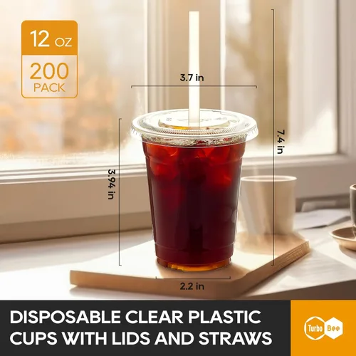 Miniatura 2 de Turbo Bee 200 juegos de vasos de plástico transparente de 12 onzas con tapas y pajitas, tazas de café helado desechables para llevar con tapas