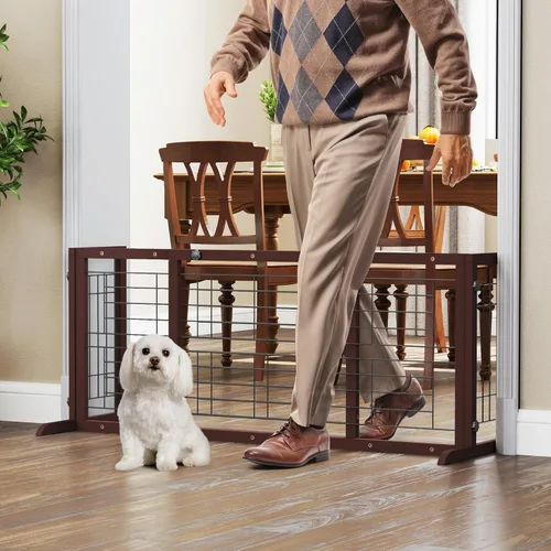Miniatura 8 de COZIWOW Puerta para perros de 38 a 67 pulgadas, puerta independiente para mascotas, extra ancha, valla de madera para cachorros, puertas de Marrón