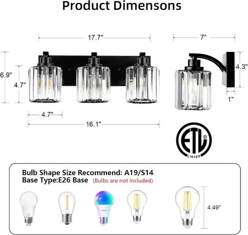 Miniatura 2 de 3 luces de cristal para tocador de baño, moderna lámpara de baño negra sobre espejo, luces de tocador para dormitorio, baño, pasillo, base E26