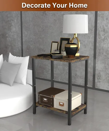 Miniatura 8 de Mesa auxiliar de 2 niveles, mesa auxiliar resistente con estantes, mesa de noche estrecha para espacios pequeños, mesa de tocadiscos para Negro