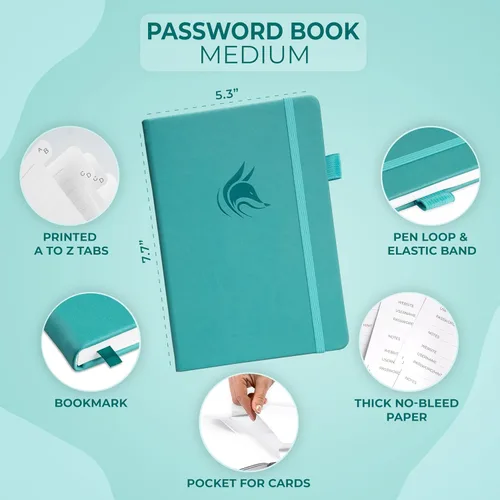 Miniatura 2 de Clever Fox - Cuaderno de contraseñas con pestañas alfabéticas. Organizador de direcciones de Internet. Cuaderno de contraseñas de tamaño mediano