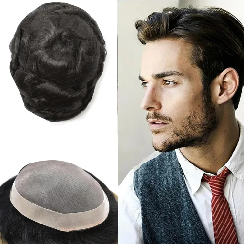 Miniatura 38 de Mens Toupee Hair Pieces sistema de reemplazo para hombres cabello humano real fino mono toupee para hombres sistema de cabello protesis capilar