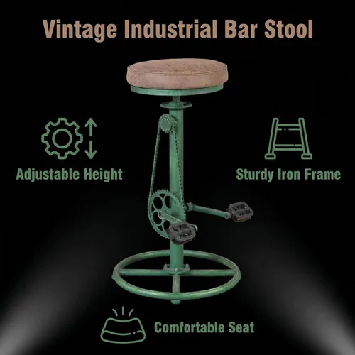 Miniatura 5 de Topower Taburete de bar vintage para bricolaje, cadena de bicicleta, pedal de hierro, retro, industrial, altura ajustable, diseño de rueda