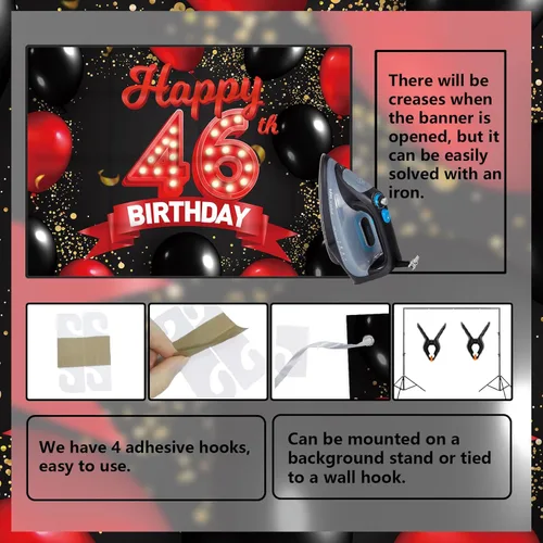 Miniatura 4 de Feliz 46º Cumpleaños Pancarta Roja y Negra Telón de Fondo Decoraciones Globos Decoración Temática para Niñas Mujeres Princesa 46 Años Fiesta