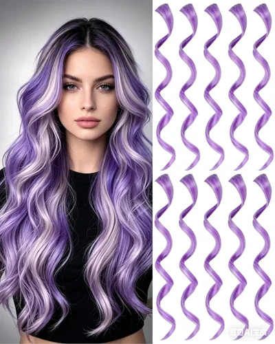 Miniatura 9 de 10 extensiones de cabello sintético rizado y ondulado negro con clip, reflejos de fiesta de neón arcoíris, accesorios de cabello coloridos