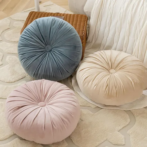 Miniatura 3 de MOJUN Almohada redonda de terciopelo de color liso, almohada de piso de calabaza, decoración del hogar, cojín redondo plisado para sofá, silla, cama