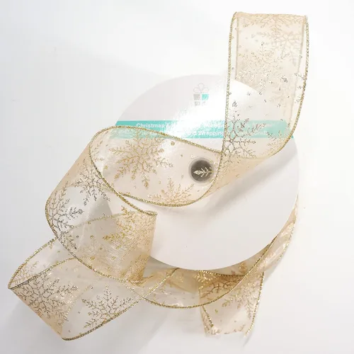 Miniatura 7 de Cinta con alambre de organza con copos de nieve dorados de champán para decoración navideña del hogar, lazo para la parte superior del árbol