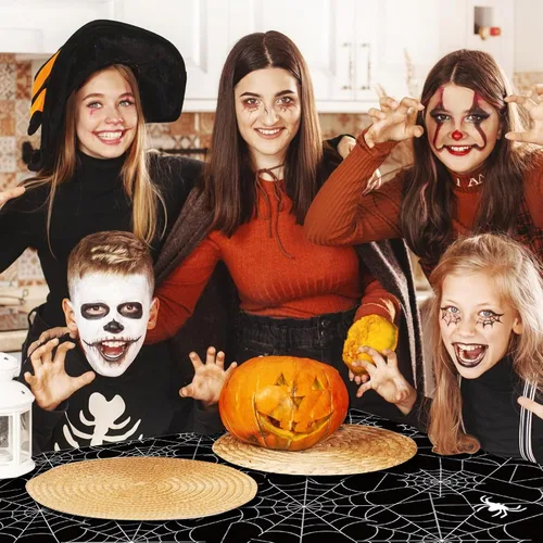 Miniatura 5 de Mantel de plástico de telaraña de Halloween de 3 piezas de 54 x 108 pulgadas - Telaraña negra y blanca con patrones de arañas, cubierta de mesa