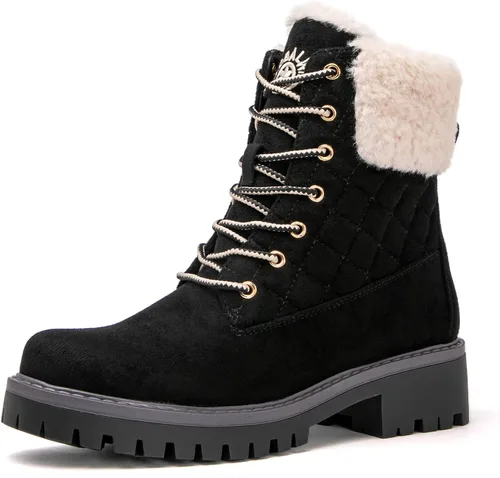 Miniatura 2 de GLOBALWIN Botas de tobillo acolchadas para mujer, botas de combate de moda, con cordones, tacón bajo, botines de piel cálida para mujer