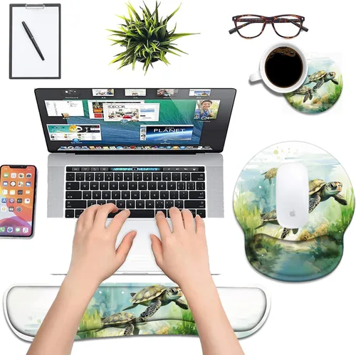 Miniatura 6 de Juego de reposamuñecas para teclado y alfombrilla para mouse con posavasos, base de poliuretano antideslizante, alfombrilla ergonómica para mouse