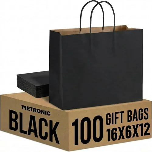 METRONIC Paquete de 100 bolsas de regalo grandes de papel negro de 16X6X12, bolsa de compras kraft con asas para pequeñas empresas, boutique,