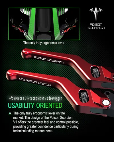 Miniatura 3 de POISON SCORPION - Palancas de embrague/freno cortas para moto, rojas, compatibles con Z400 19-23 / Z125 KLE 300X 17-24 / EX 400 18-23 / EX300 13-18