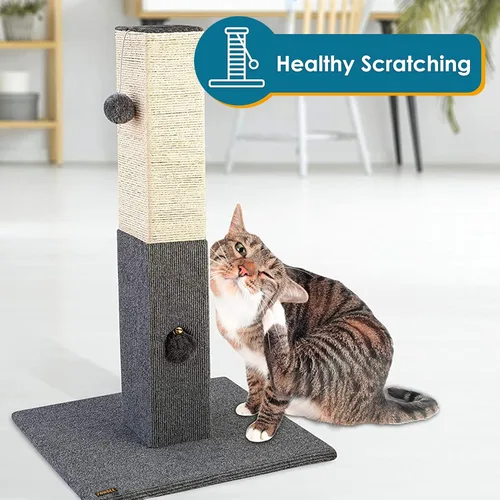 Miniatura 6 de Pawbee Poste rascador para gatos de 32 pulgadas con cascabel y softball, torre de cuerda de sisal para adultos de interior, gatos grandes, gris