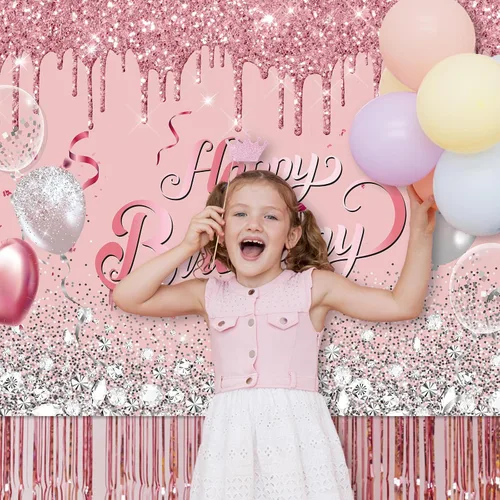 Miniatura 3 de Avezano Telón de fondo de cumpleaños de oro rosa con globos de purpurina rosa y plateado - Cartel para sesión de fotos de cumpleaños de 16, 18, 21