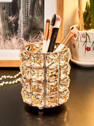 Miniatura 5 de Organizador de brochas de maquillaje de cristal dorado para cosméticos, brochas de peine, estuche de almacenamiento para lápices de cejas, dorado