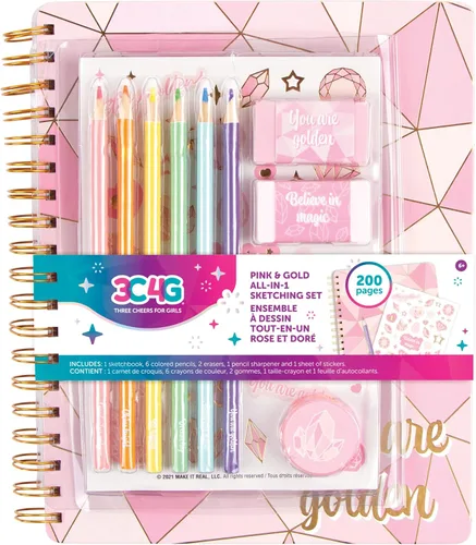 Make it Real 3C4G - Juego de cuadernos de bocetos todo en 1 rosa y dorado, diario sin líneas, diario y cuaderno de bocetos para niños, incluye