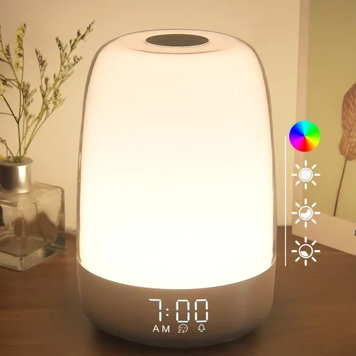 Winshine - Lámpara de noche táctil con simulación del amanecer, reloj despertador con alarma, lámpara de mesa con brillo regulable de 3 vías, color