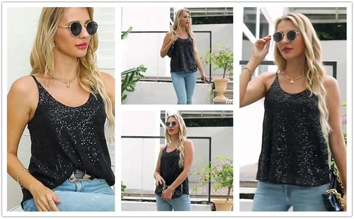 Miniatura 5 de lime flare Camiseta sin mangas sexy brillante para mujer, camisola de lentejuelas discoteca de Las Vegas