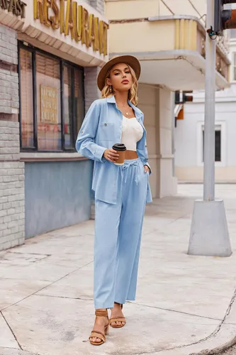 Miniatura 2 de Zeagoo Conjunto de 2 piezas de lino para mujer, camisa con botones y pantalones largos con cordón, conjuntos de verano
