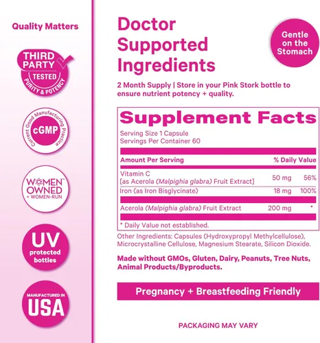 Miniatura 6 de Pink Stork Hierro para Mujeres – 18 mg de Bisglicinato de Hierro No Estreñente + Vitamina C para Absorción Óptima – Energía, Concentración