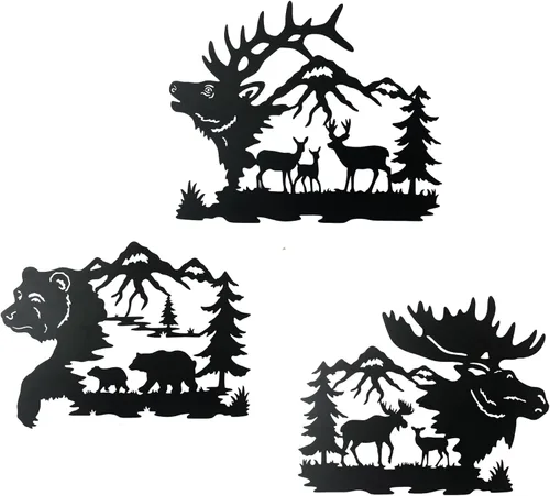 NewVees Arte de pared rústico grande de 14 pulgadas, diseño de oso de ciervo negro, alce, decoración de caza, decoraciones para el hogar, baño de