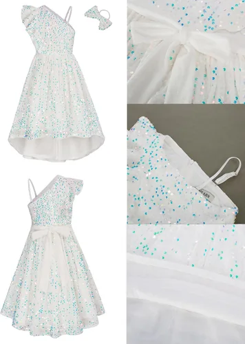 Miniatura 5 de GRACE KARIN Vestido de lentejuelas de un hombro para niñas, vestido de fiesta alto y bajo para 5-14 años