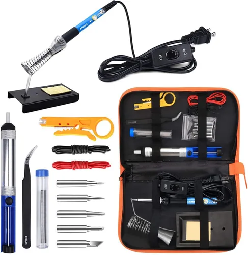 Kit de soldador electrónico, herramienta de soldadura de temperatura ajustable de 60 W, 5 puntas de soldadura, bomba de desoldadura, soporte de