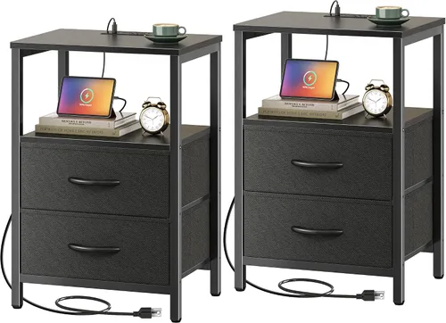 Miniatura 14 de Huuger - Mesita de noche con estación de carga, mesa auxiliar con 2 cajones de tela, mesa de centro con estante abierto, mesita de cama con puerto