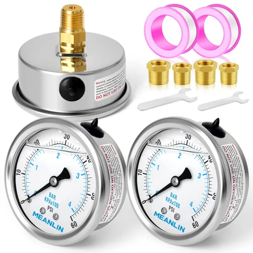 Miniatura 95 de MEANLIN MEASURE - Manómetro de acero inoxidable, relleno de líquido, esfera con cara de 2.5 pulgadas, NPT de 1/4 de pulgada, agua, aceite y gas